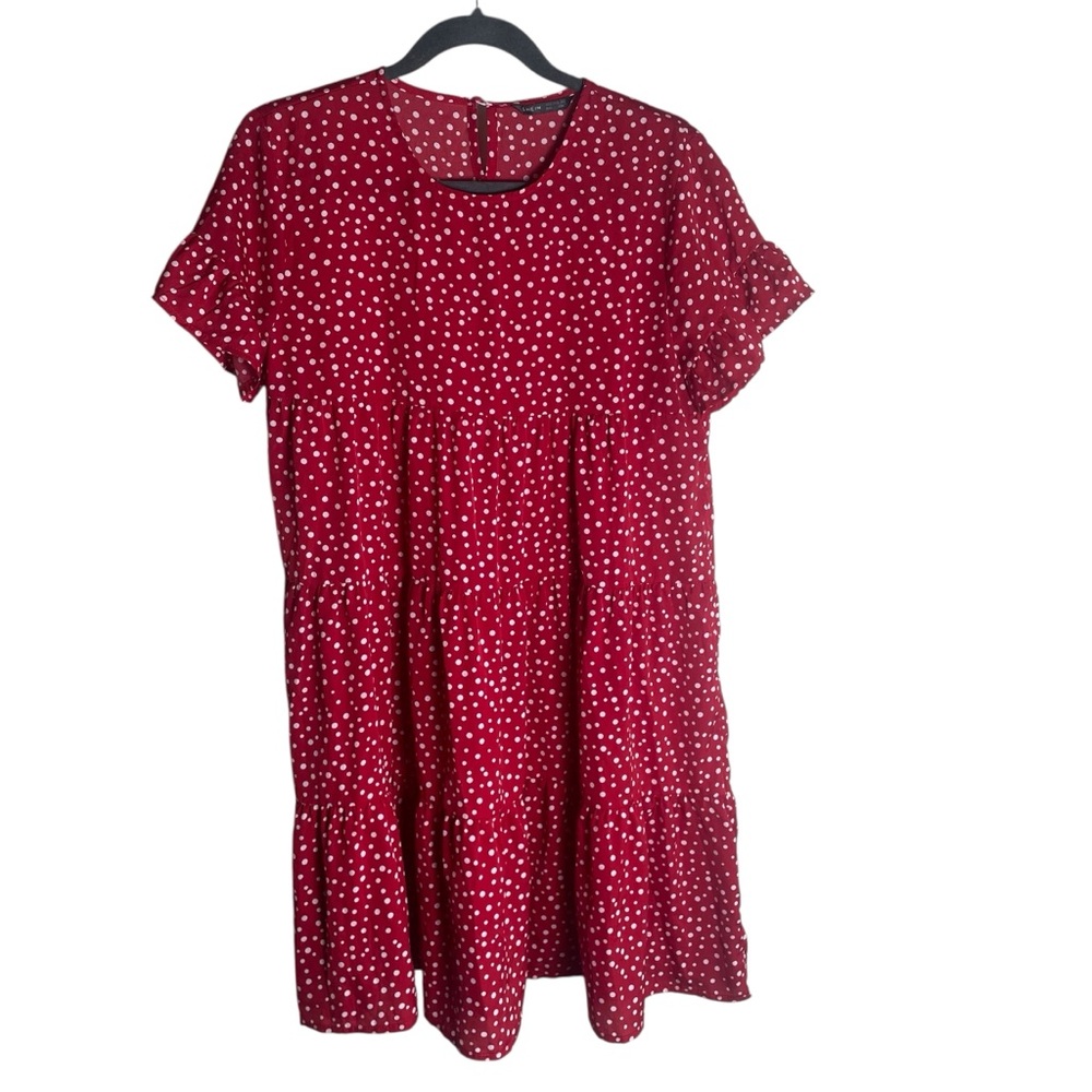 SHEIN Red Pink Polka Dot Short Sleeve Tiered Dress Womens Small